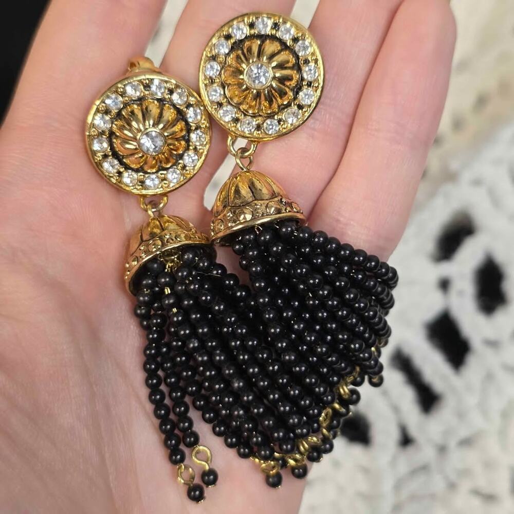 Vintage Avon Black Beaded Tassel Clip-On Earrings Gold Rhinestone Statement